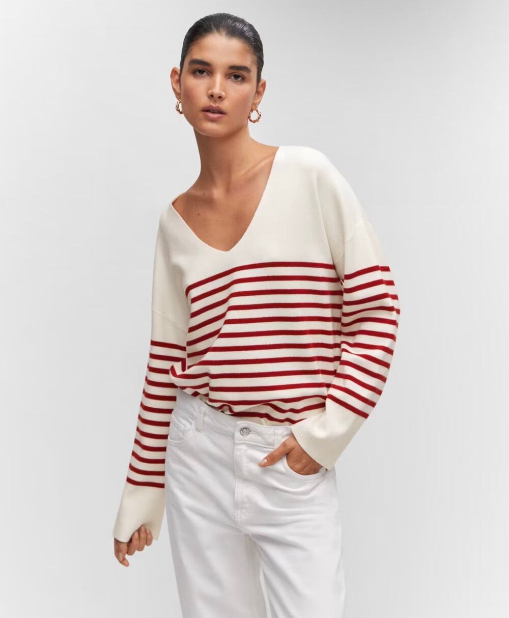 Mango MNG Ribbed Striped Sweater Red White V-Neck Knit Pullover Size Medium